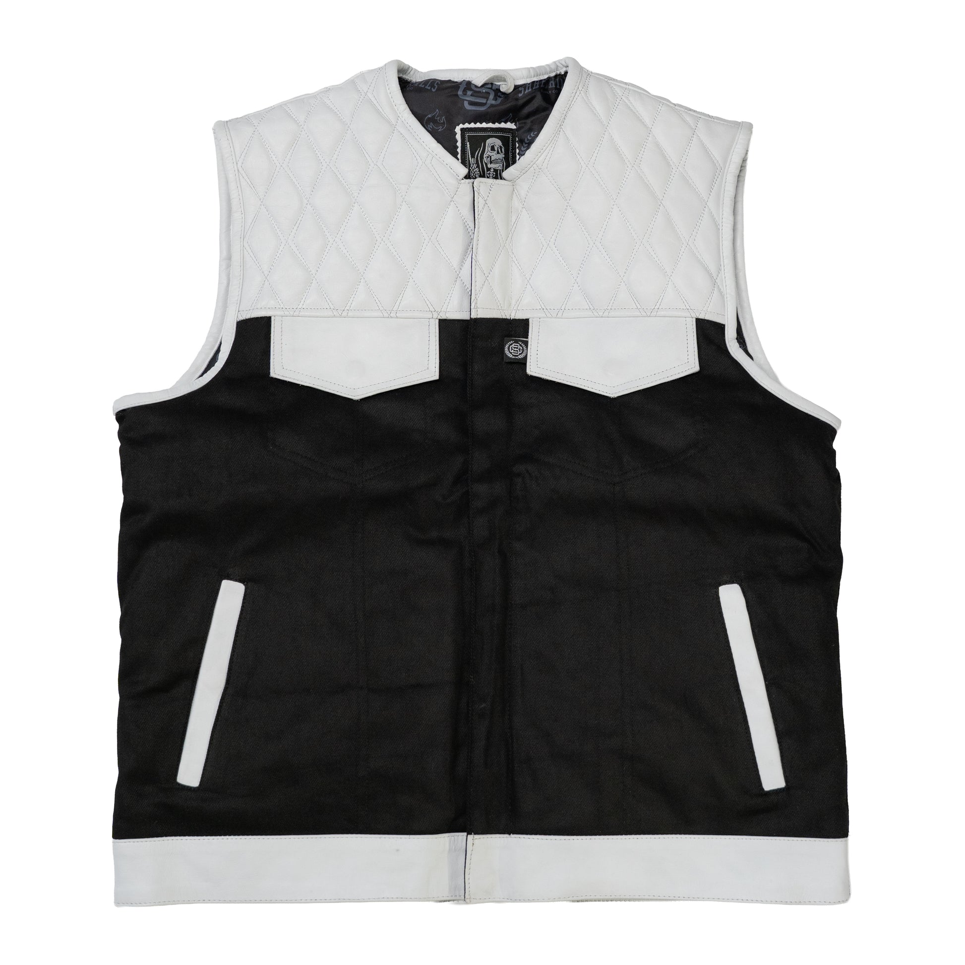 (FINAL SALE) White Leather Denim Vests - Single Diamond Cut - Shredhills